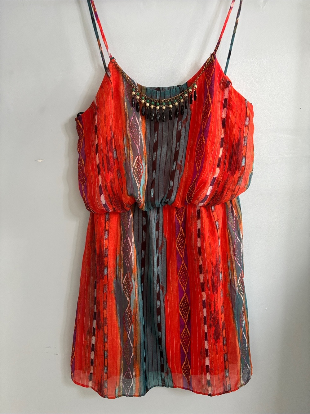 Orange and blue Printed Beaded-Neckline Mini Dress